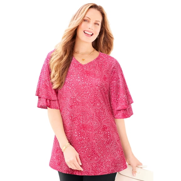 Catherines Women's Plus Size Flutter Sleeve Swing Top