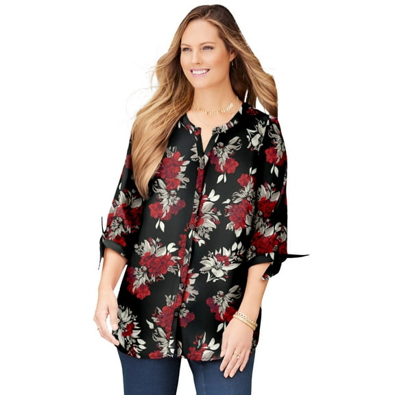 Catherines Women's Plus Size Georgette Button Down Tie Sleeve Cafe Blouse