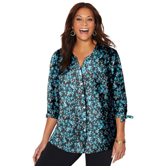 Catherines Women's Plus Size Georgette Button Down Tie Sleeve Cafe Blouse