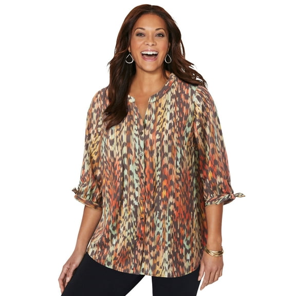 Catherines Women's Plus Size Georgette Button Down Tie Sleeve Cafe Blouse