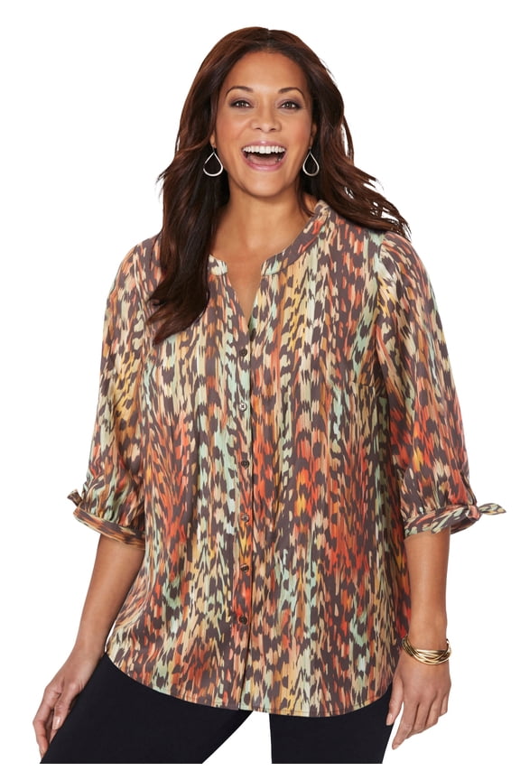 Women's Plus Size Georgette Button Down Tie Sleeve Cafe Blouse