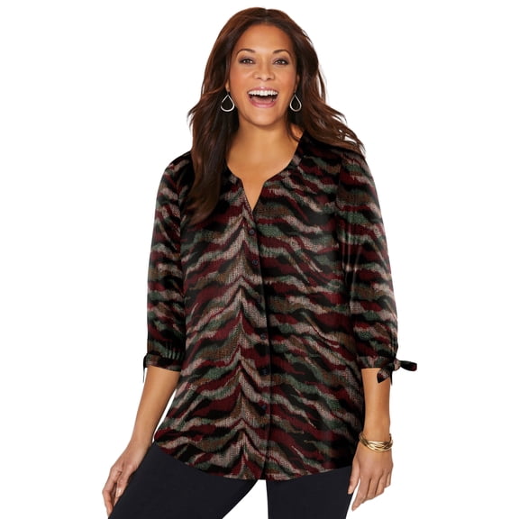 Catherines Women's Plus Size Georgette Button Down Tie Sleeve Cafe Blouse