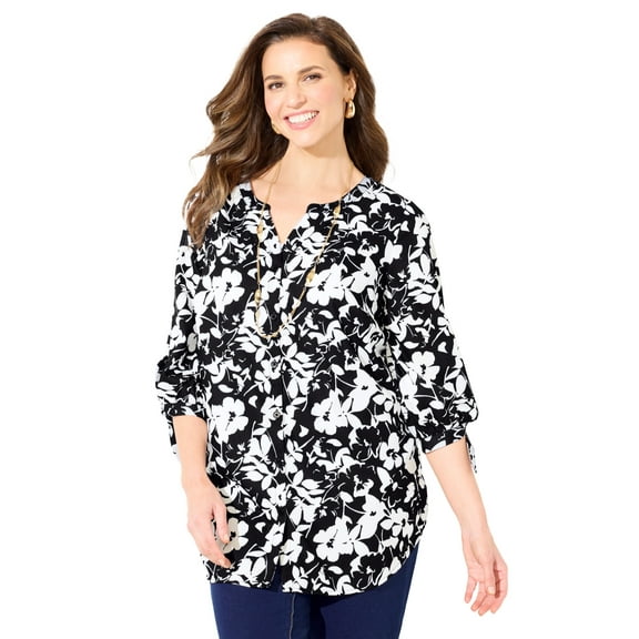 Catherines Women's Plus Size Georgette Button Down Tie Sleeve Cafe Blouse