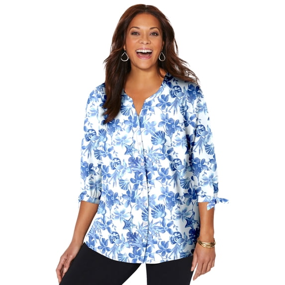 Catherines Georgette Button Down Tie Sleeve Cafe Blouse