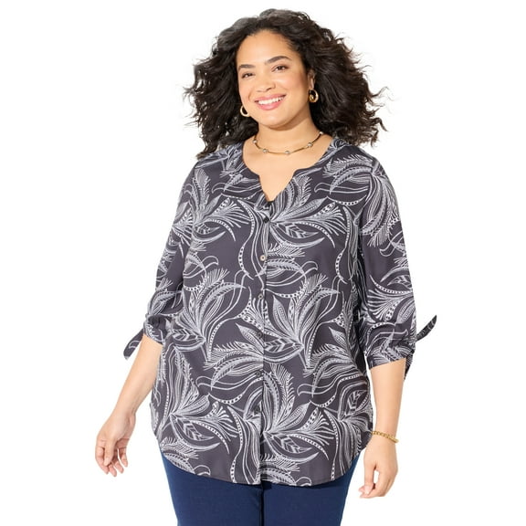 Catherines Women's Plus Size Georgette Button Down Tie Sleeve Cafe Blouse