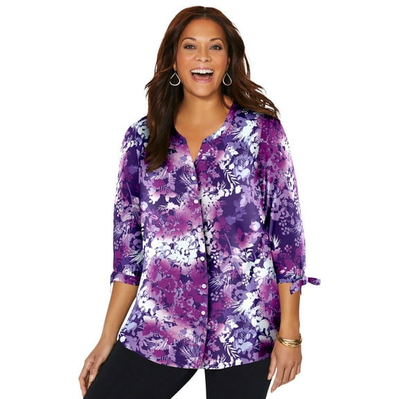 Catherines Women's Plus Size Georgette Button Down Tie Sleeve Cafe Blouse