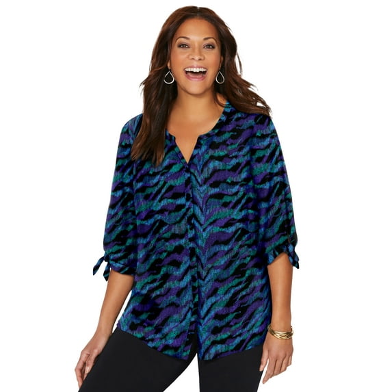Catherines Women's Plus Size Georgette Button Down Tie Sleeve Cafe Blouse