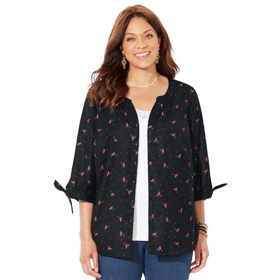 Catherines Women's Plus Size Georgette Button Down Tie Sleeve Cafe Blouse