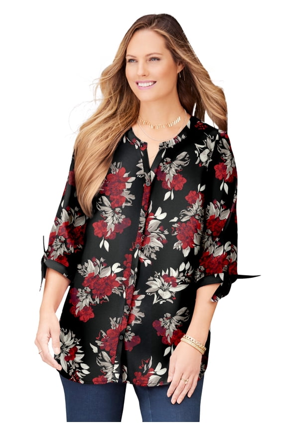 Women's Plus Size Georgette Buttonfront Tie Sleeve Cafe Blouse