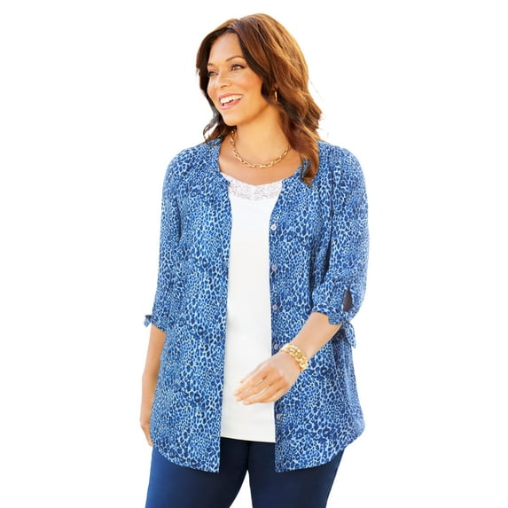 Catherines Women's Plus Size Georgette Button Down Tie Sleeve Cafe Blouse