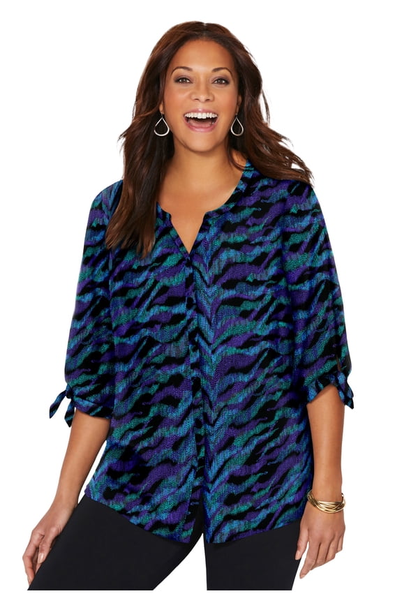 Women's Plus Size Georgette Button Down Tie Sleeve Cafe Blouse