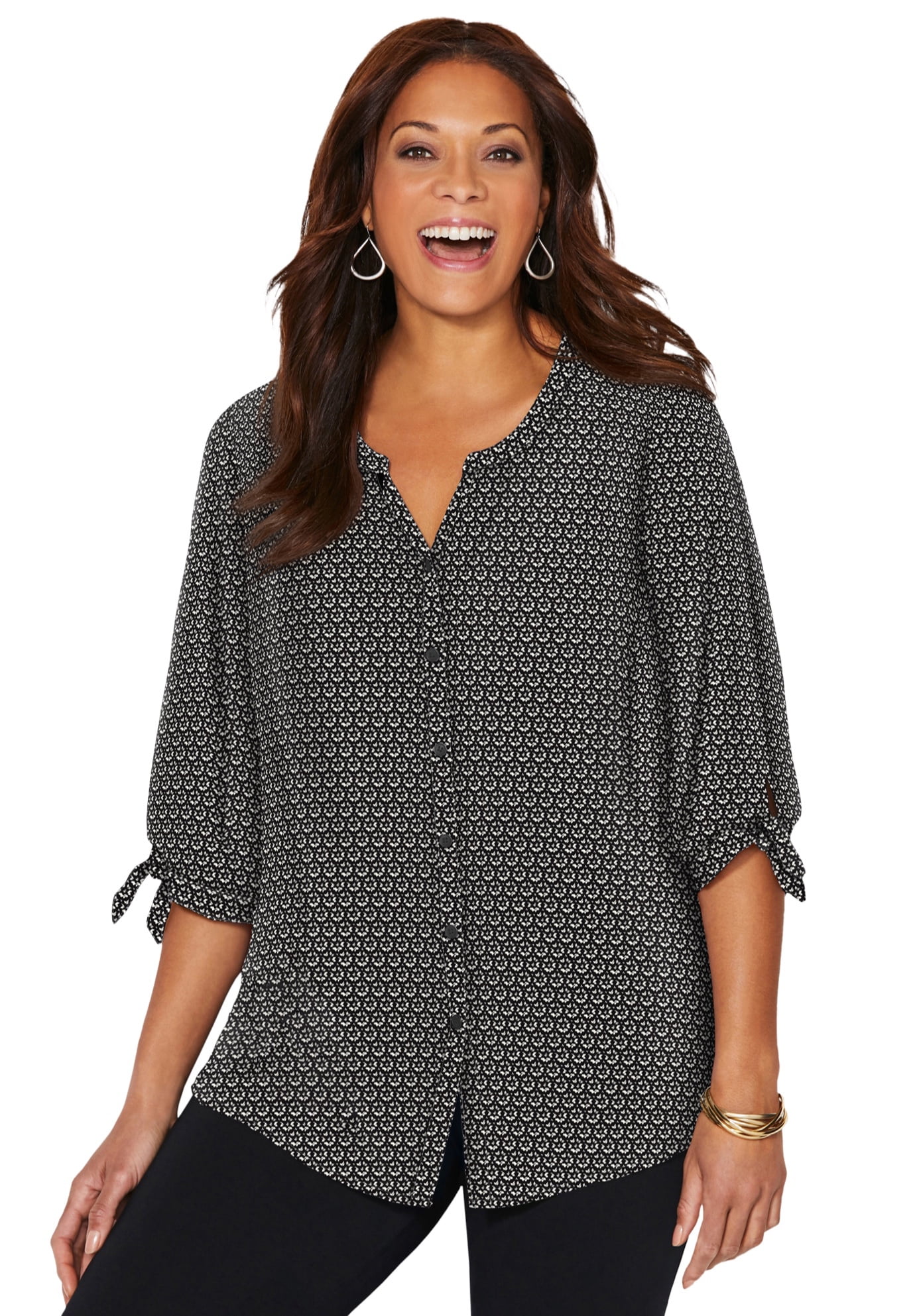 Catherines Women's Plus Size Georgette Buttonfront Tie Sleeve Cafe ...