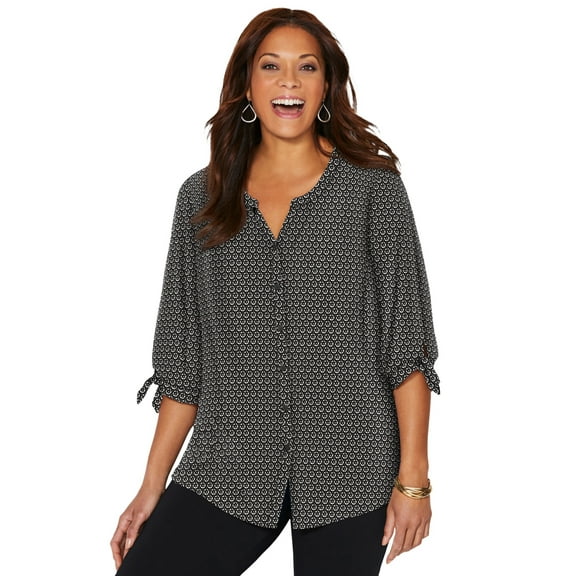 Catherines Women's Plus Size Georgette Button Down Tie Sleeve Cafe Blouse