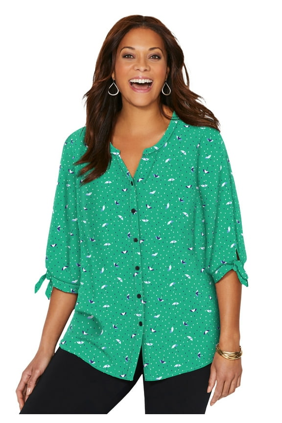 Women's Plus Size Georgette Button Down Tie Sleeve Cafe Blouse