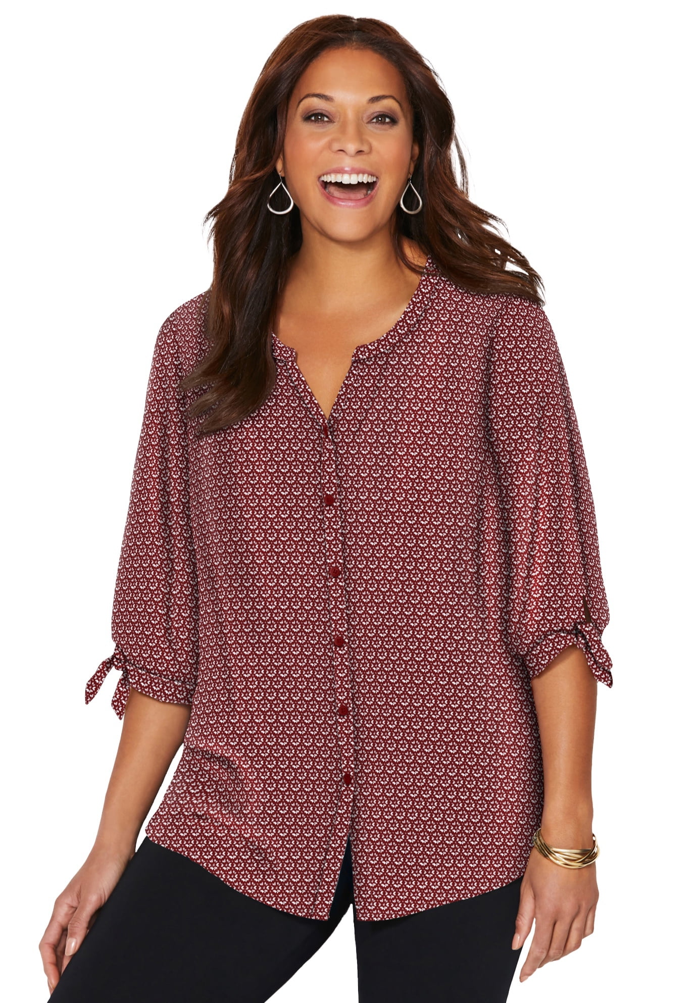 Catherines Women's Plus Size Georgette Buttonfront Tie Sleeve Cafe Blouse 