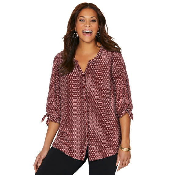 Catherines Women's Plus Size Georgette Button Down Tie Sleeve Cafe Blouse