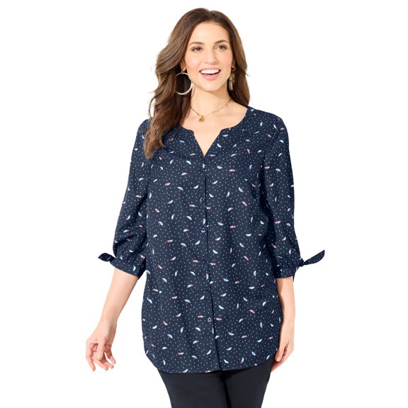 Catherines Women's Plus Size Georgette Button Down Tie Sleeve Cafe Blouse
