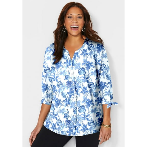 Catherines Women's Plus Size Georgette Button Down Tie Sleeve Cafe Blouse