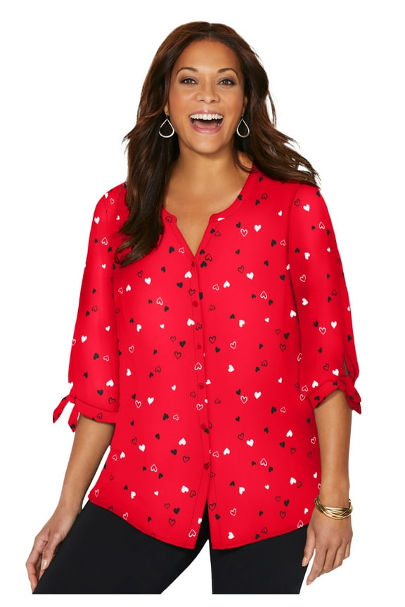 Women's Plus Size Georgette Buttonfront Tie Sleeve Cafe Blouse