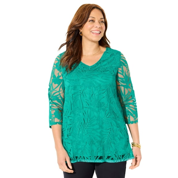 Catherines Women's Plus Size Jacquard Burnout Top