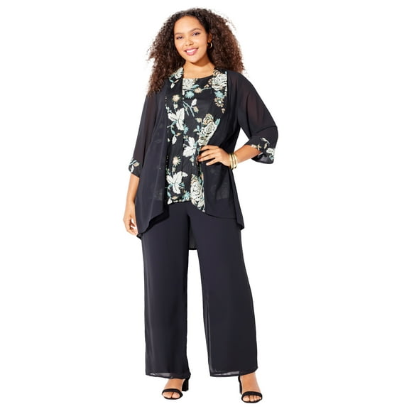 Catherines Women's Plus Size Lightweight Embroidered Sequin 3-Piece Pant Suit