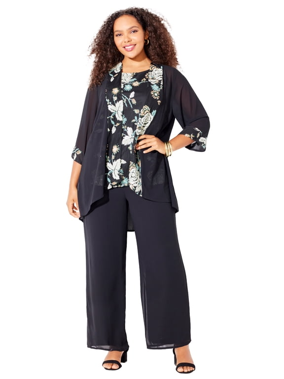 Women's Plus Size Lightweight Embroidered Sequin Pant Set