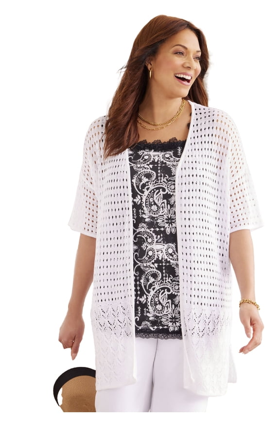 Women's Plus Size Open Crochet Short Sleeve Cardigan