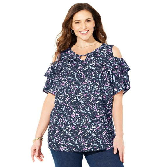Catherines Women's Plus Size Open-Shoulder Georgette Top