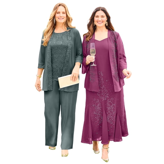 Catherines Women's Plus Size Petite Lace Gala 3-Piece Pant Suit