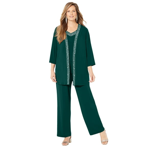 Catherines Women's Plus Size Petite Beaded 3-Piece Cardigan Pant Suit