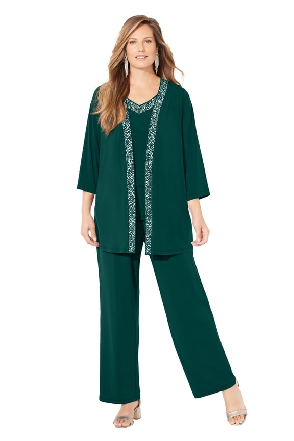 Women's Plus Size Petite Beaded 3-Piece Cardigan Pant Suit