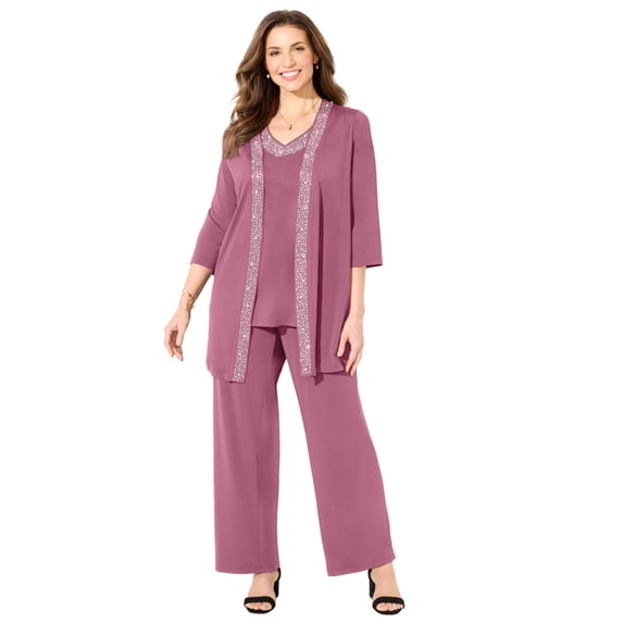 Catherines Women's Plus Size Petite Beaded 3-Piece Cardigan Pant Suit
