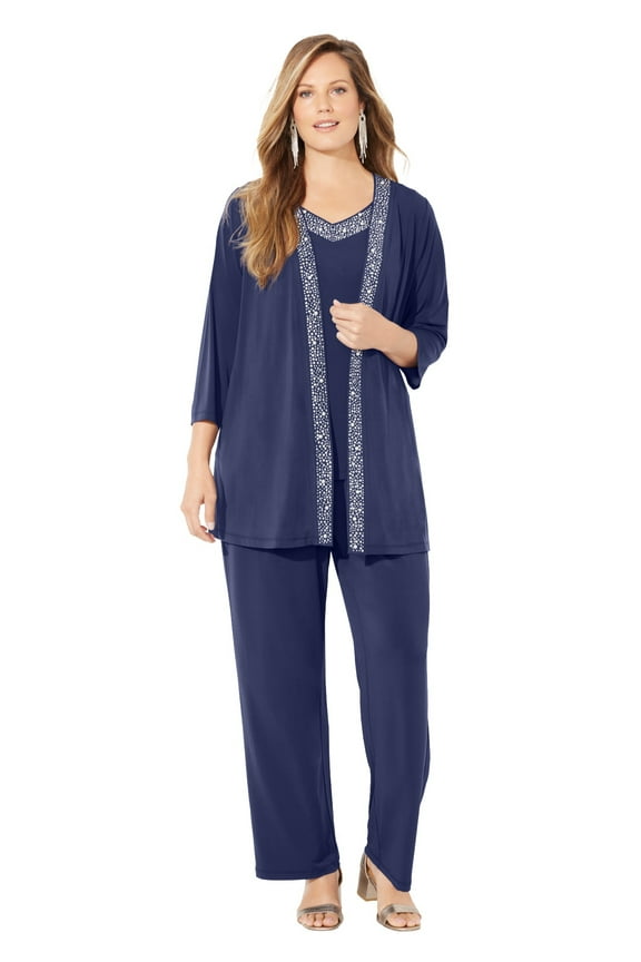 Women's Plus Size Petite Beaded 3-Piece Cardigan Pant Suit