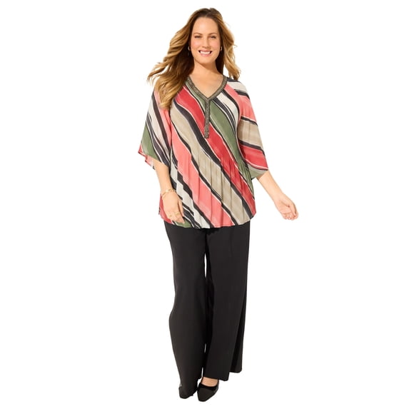 Catherines Women's Plus Size Petite Bejeweled Pleated Blouse