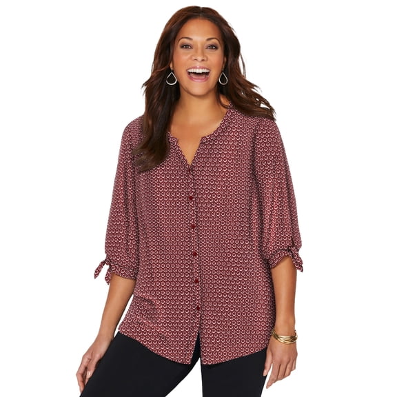 Catherines Women's Plus Size Georgette Buttonfront Tie Sleeve Cafe Blouse