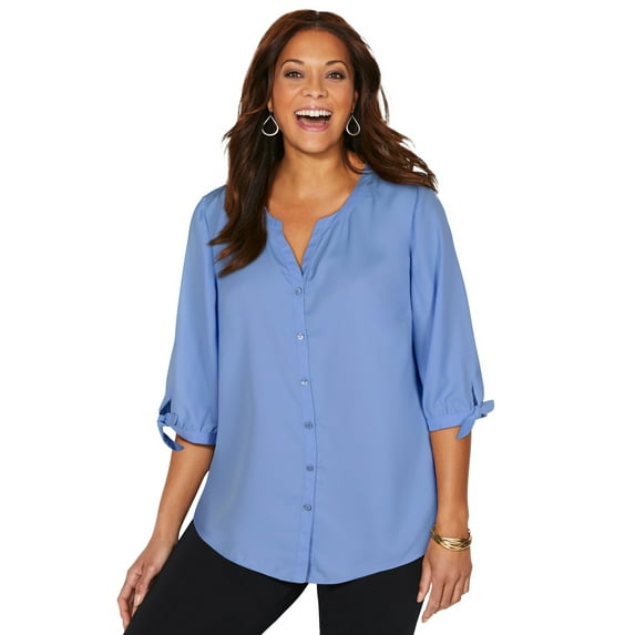 Catherines Women's Plus Size Georgette Buttonfront Tie Sleeve Cafe Blouse