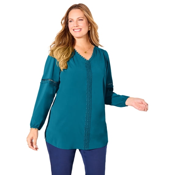 Catherines Women's Plus Size Petite Lattice Trim Peasant Blouse