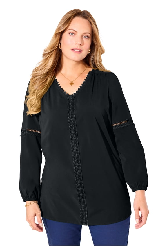 Women's Plus Size Petite Lattice Trim Peasant Blouse