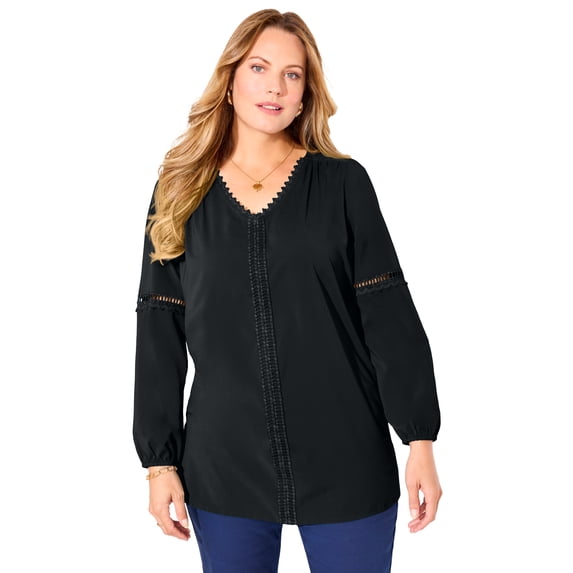 Catherines Women's Plus Size Petite Lattice Trim Peasant Blouse