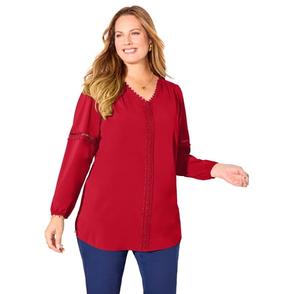 Catherines Women's Plus Size Petite Lattice Trim Peasant Blouse