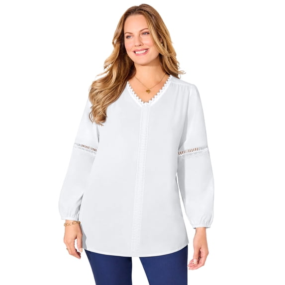 Catherines Women's Plus Size Petite Lattice Trim Peasant Blouse