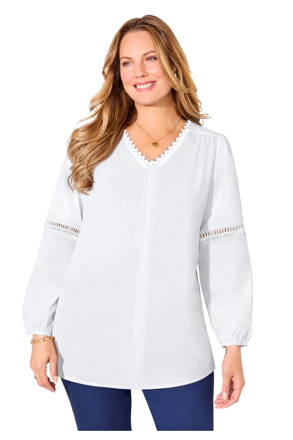Women's Plus Size Petite Lattice Trim Peasant Blouse