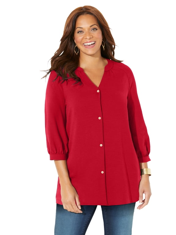 Women's Plus Size Petite Light And Airy Y-Neck Blouse