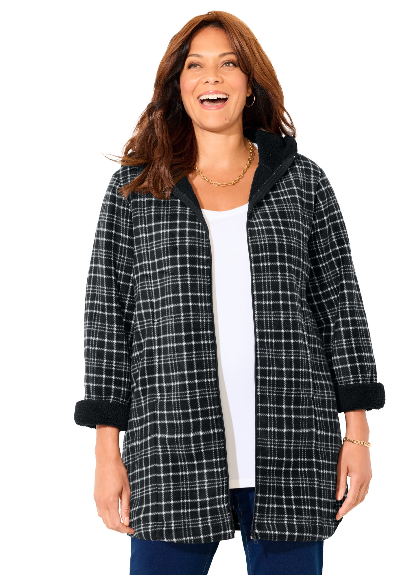 Catherines Women's Plus Size Petite Long Fleece Coat With Sherpa Lining ...