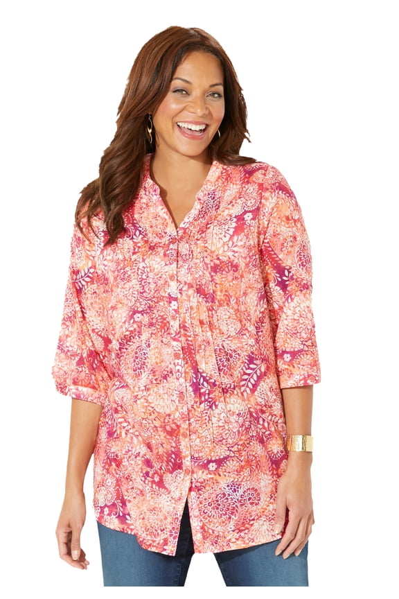 Women's Plus Size Petite Pintuck Buttonfront Blouse