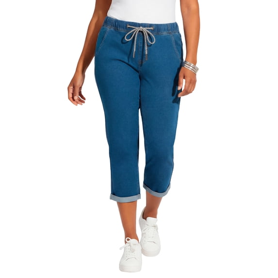 Catherines Women's Plus Size Petite Relaxed Rolled Knit Jean Capri