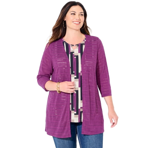Catherines Women's Plus Size Petite Shadowstripe Burnout Cardigan