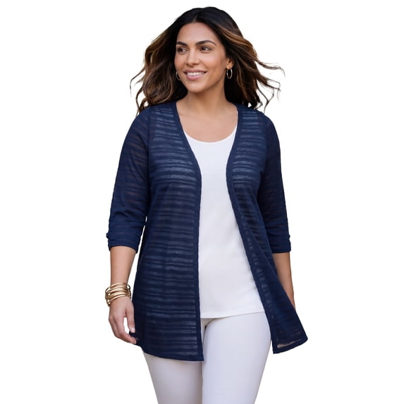 Catherines Women's Plus Size Petite Shadowstripe Burnout Cardigan