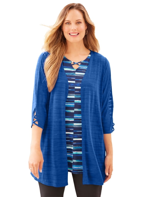 Women's Plus Size Shadow Stripe Burnout Cardigan