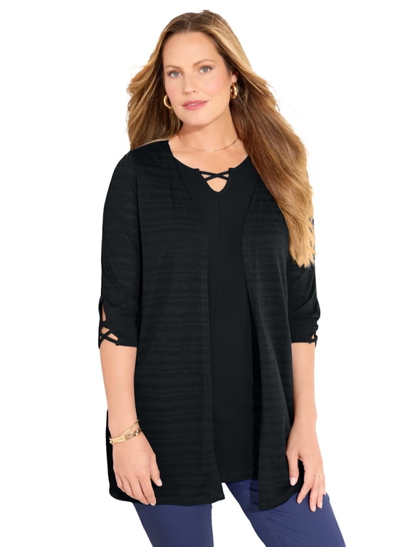 Women's Plus Size Shadow Stripe Burnout Cardigan